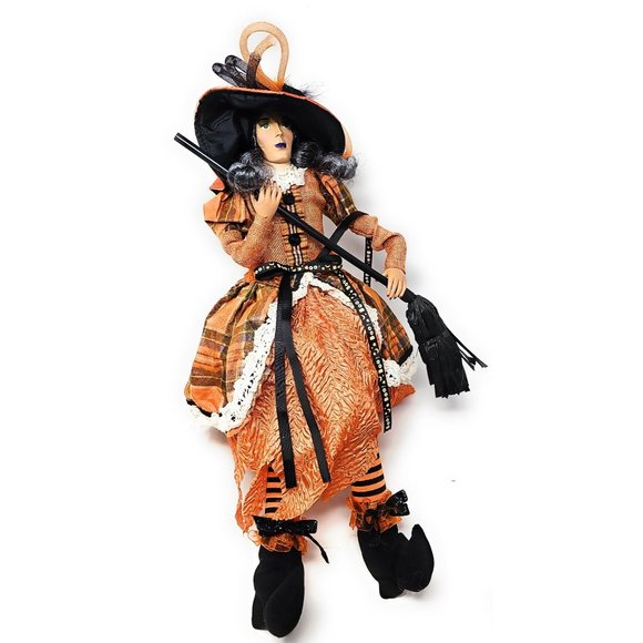 24" Halloween Gray-Haired Witch with Orange Dress and Black Broom, Party Decor W - Picture 4 of 4
